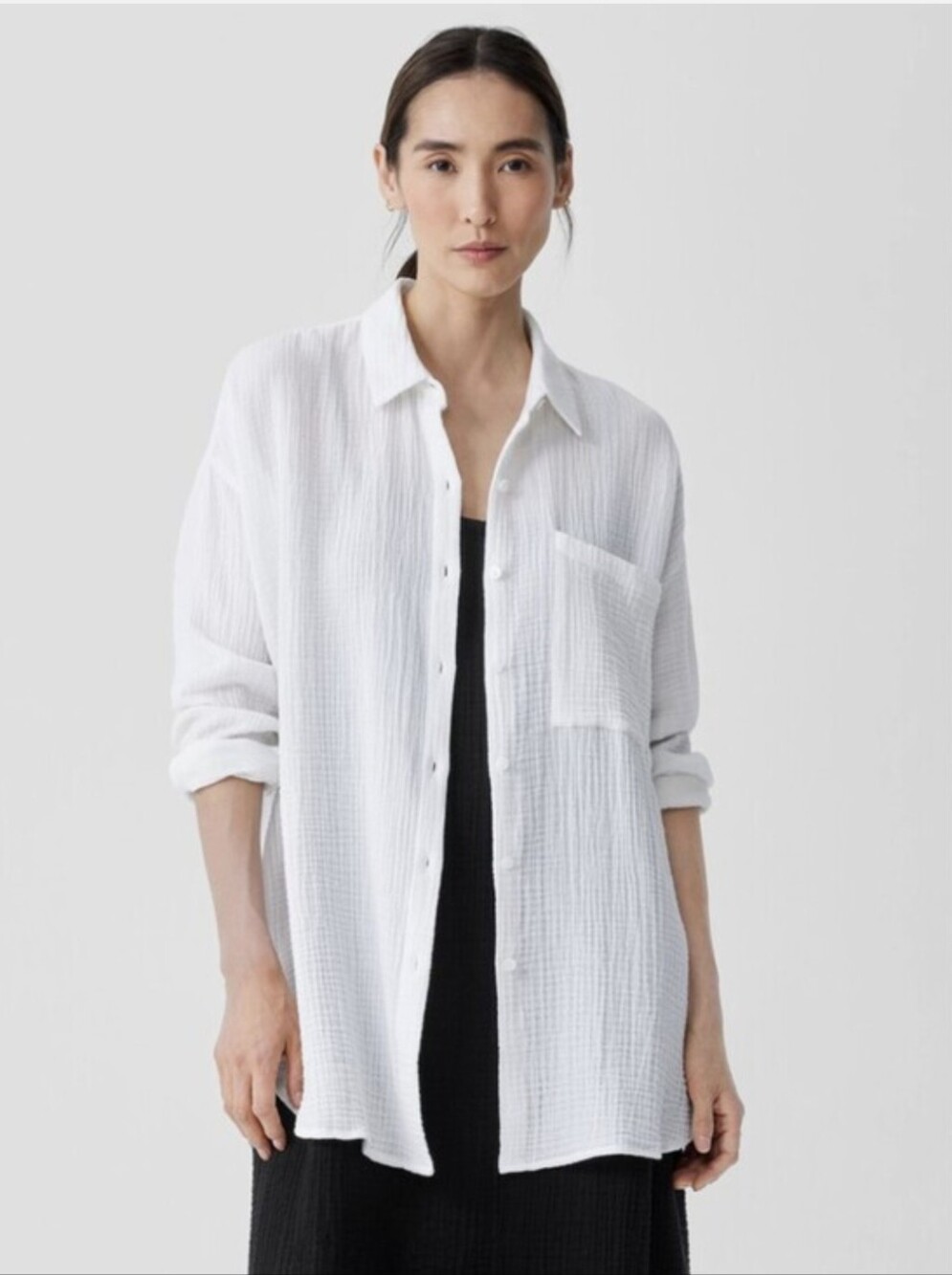 Eileen Fisher White Organic Cotton Ripple Long Shirt NWT Large